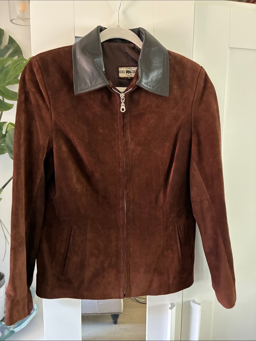 Ladies Brown Suede Zip Jacket with Leather Collar